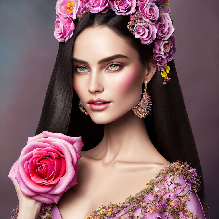 Woman in Floral Crown with Pink Rose and Purple Outfit