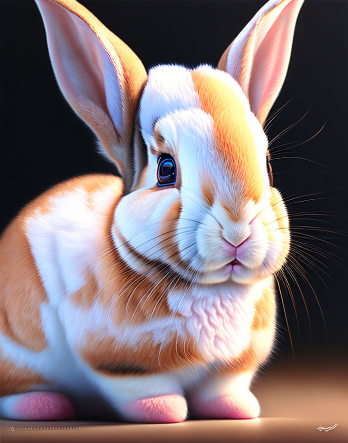 Detailed close-up of tan and white rabbit with upright ears on dark background