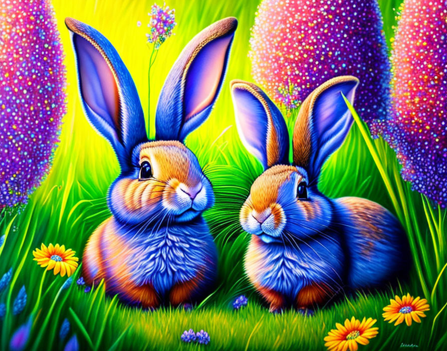 Colorful Stylized Rabbits in Vibrant Floral Setting with Psychedelic Background