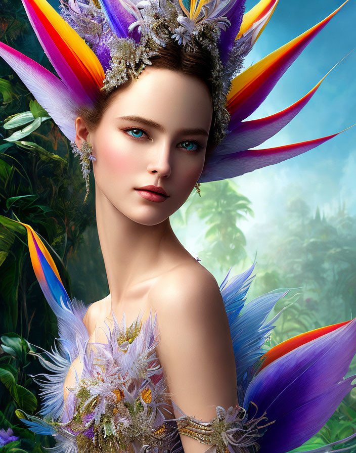 Vibrant feathered headdress woman in jungle setting