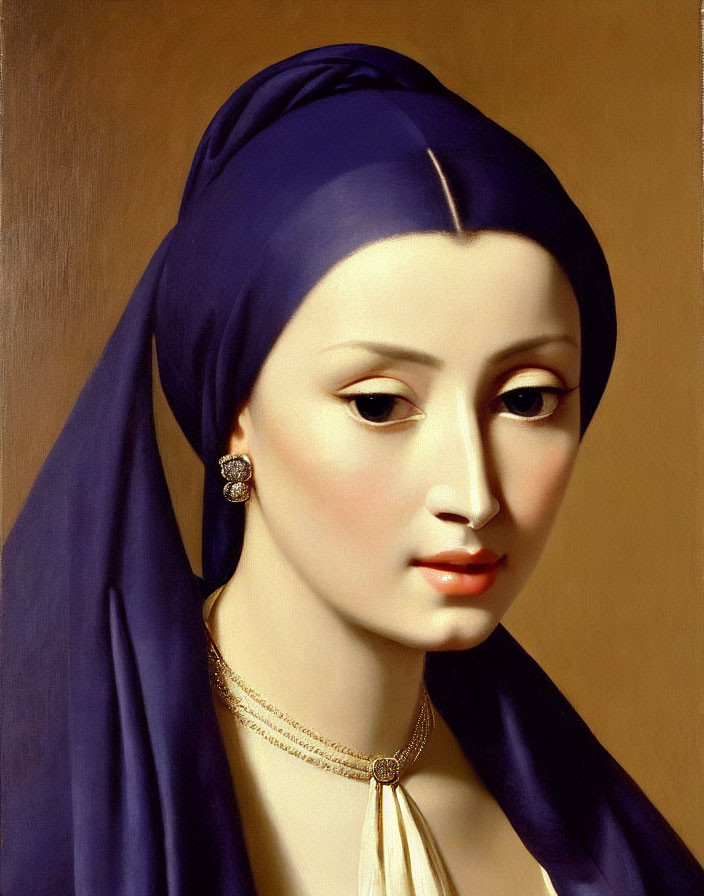 Classic Portrait of Woman in Blue Headscarf and Pearls