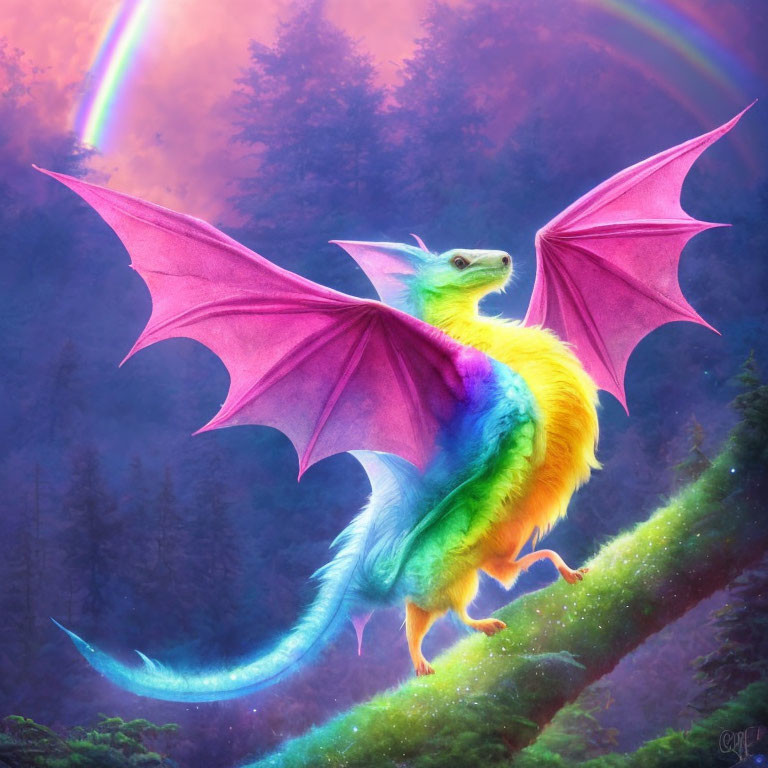 Colorful Dragon with Pink Wings on Hill with Rainbow Background
