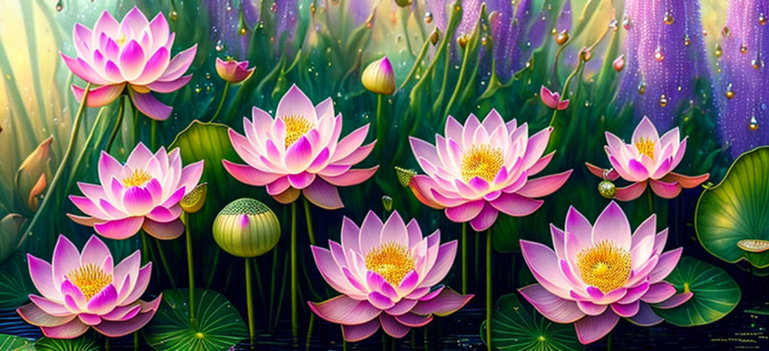 Digital Art: Pink Lotus Flowers in Lush Greenery