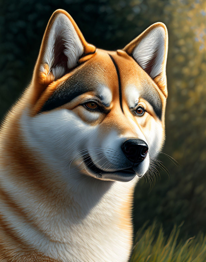 Detailed Digital Painting: Husky with Intense Eyes in Sunlit Foliage