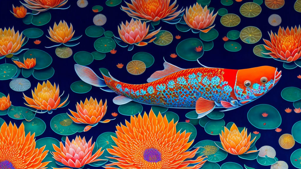 Colorful Fish Swimming Among Lily Pads and Lotus Flowers on Deep Blue Background