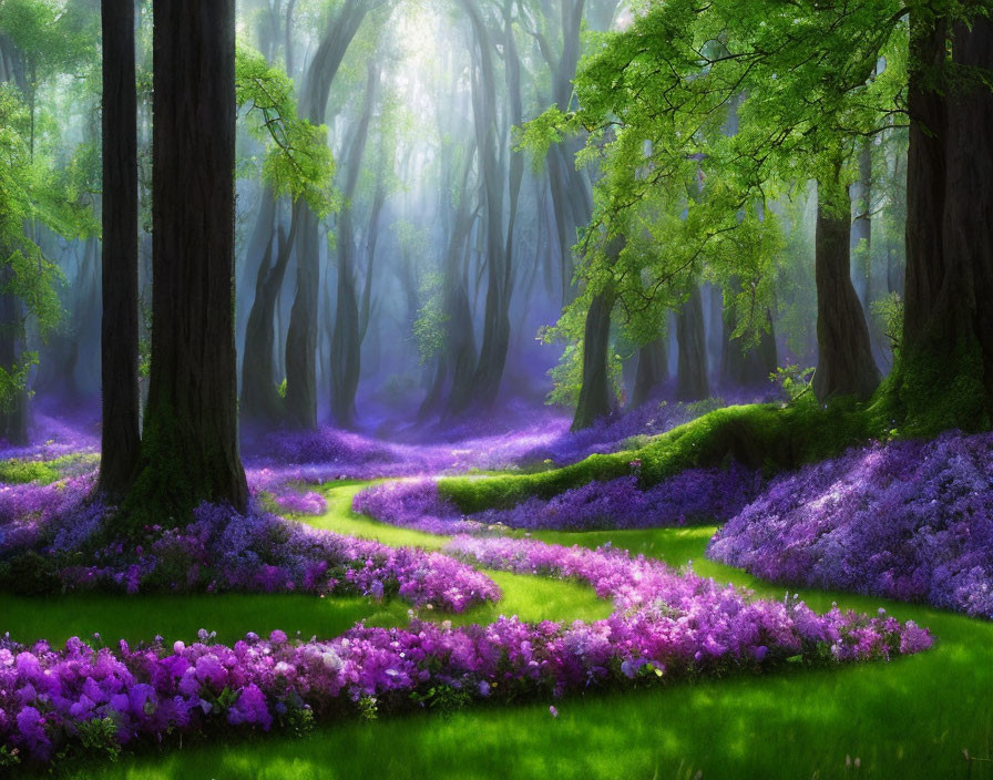 Mystical forest with purple and pink flowers, winding paths, lush green trees