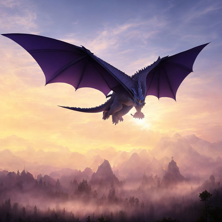 Majestic dragon flying over purple sky and misty mountains