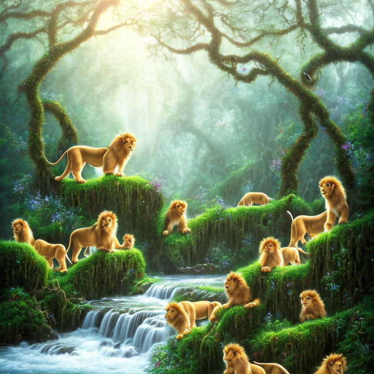Majestic lions in serene mythical forest landscape