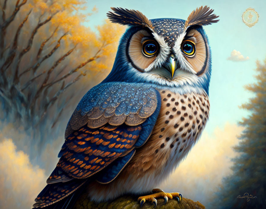 Colorful Owl Illustration Perched on Branch in Autumn Setting