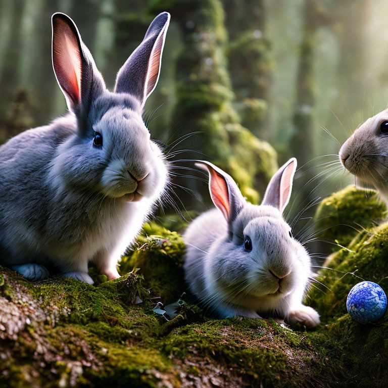 Three rabbits on mossy forest floor with blue decorative egg