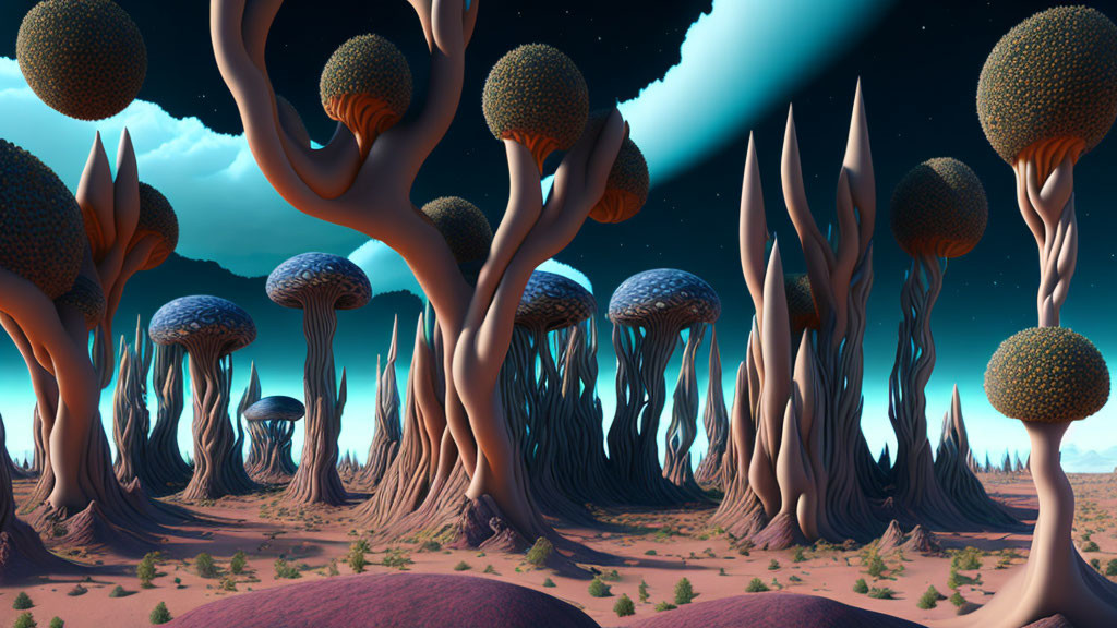 Surreal landscape with tree-like structures and large round canopies at dusk