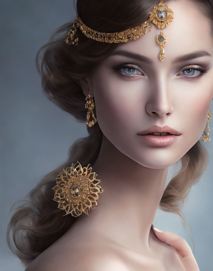 Portrait of Woman with Striking Blue Eyes and Golden Jewelry on Grey Background