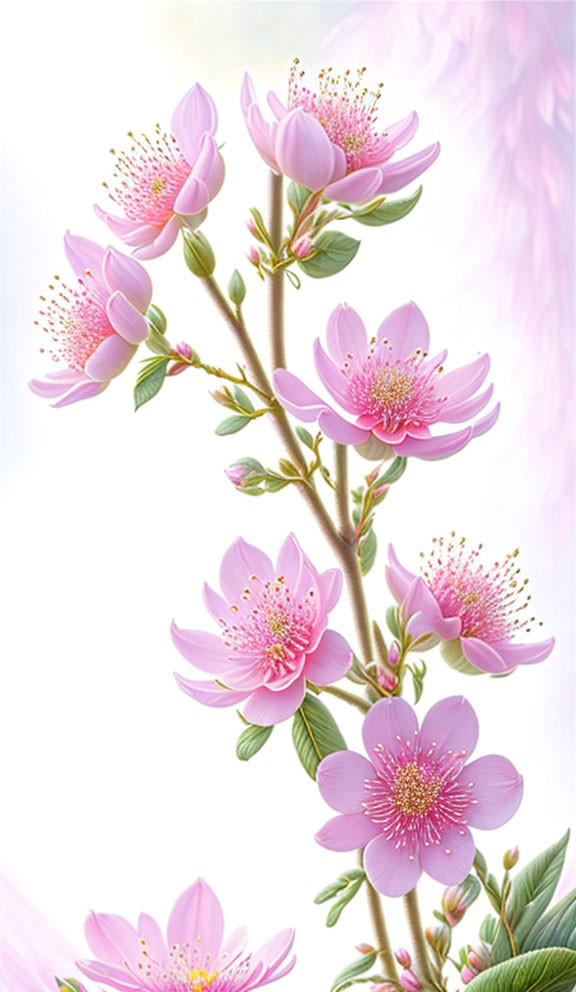 Pink Blossoms Branch with Yellow Stamens on Light Background