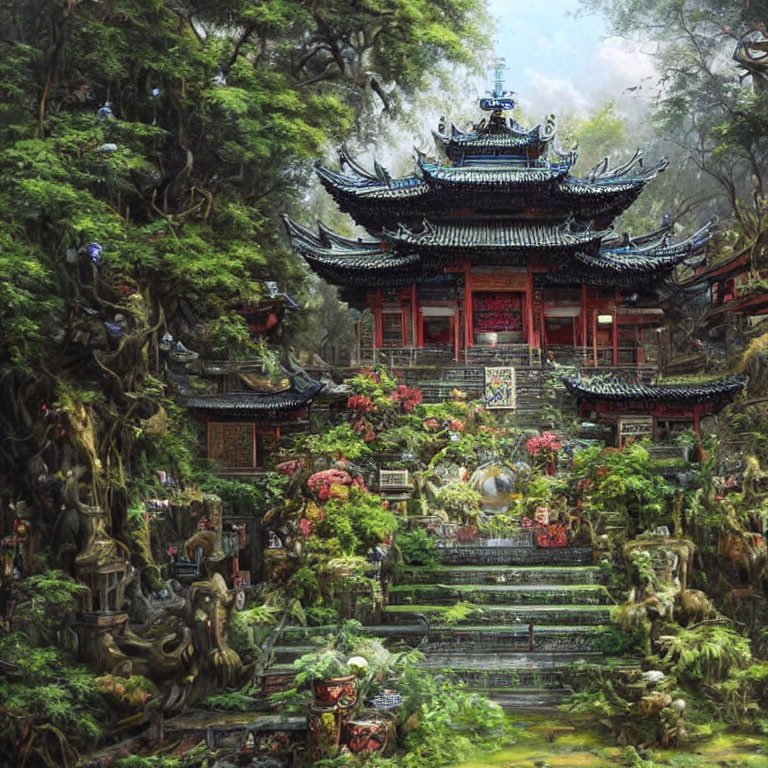 Mystical pagoda in vibrant forest with statues and lush flora