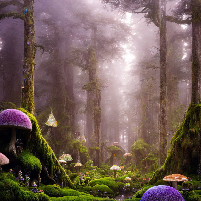 Mystic foggy forest with moss-covered trees and oversized mushrooms