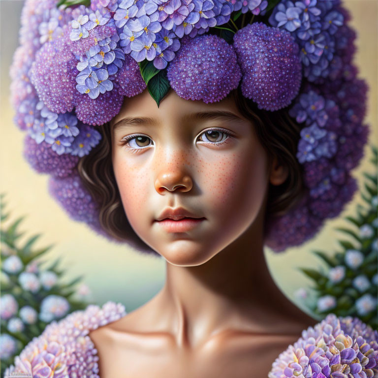Portrait of a girl with purple flower crown and freckles