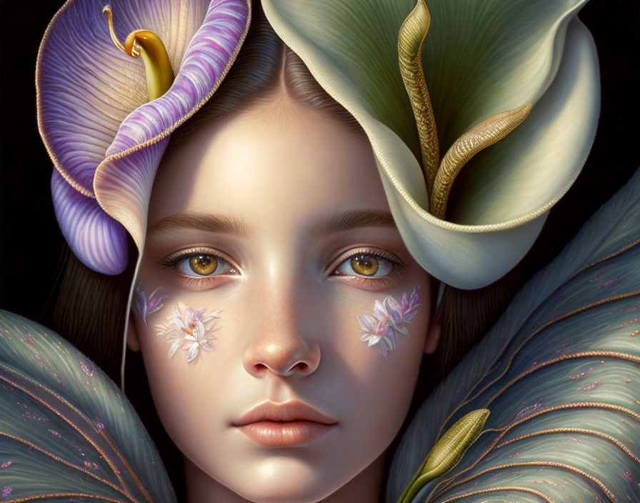 Digital artwork featuring girl with expressive eyes and floral adornments