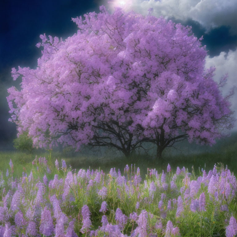 Pink tree in full bloom surrounded by purple flowers under dramatic cloudy sky