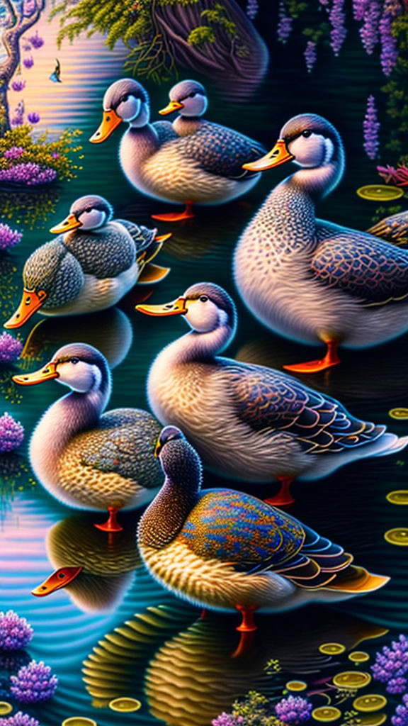 Colorful digital artwork: Ducks on reflective water at night