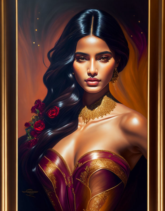 Illustrated portrait of woman with long wavy hair, gold jewelry, purple dress, rose accents,
