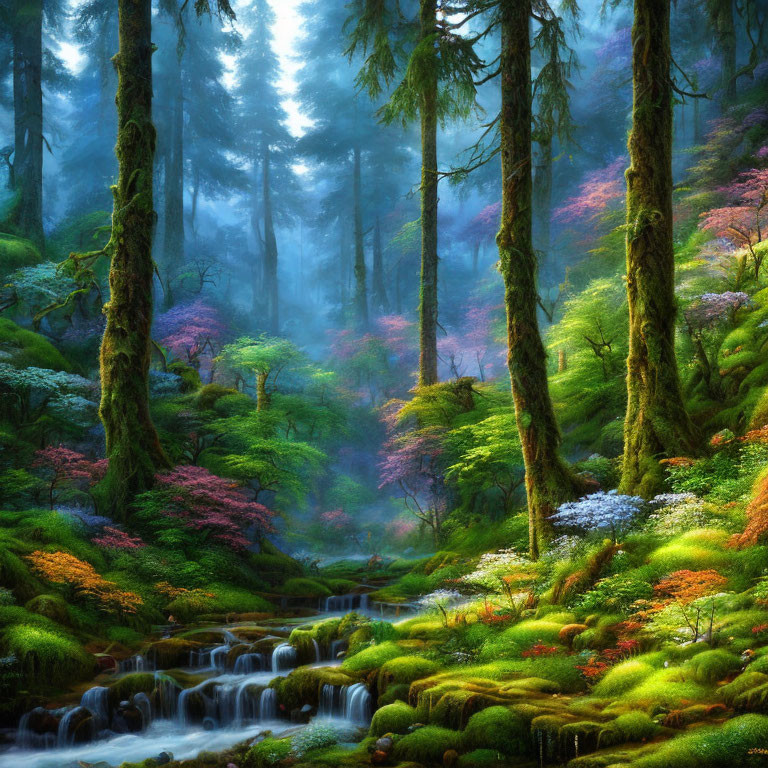 Tranquil forest scene with moss, stream, and colorful foliage