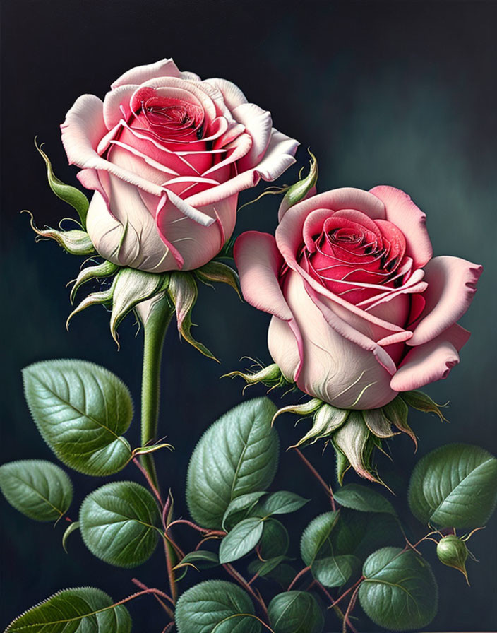 Bi-Colored Pink and Cream Roses with Green Leaves on Dark Background