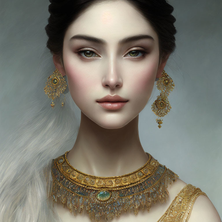 Digital portrait of a woman in intricate gold jewelry, delicate features, serene expression