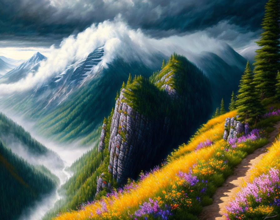 Scenic mountain path with purple wildflowers and dynamic clouds