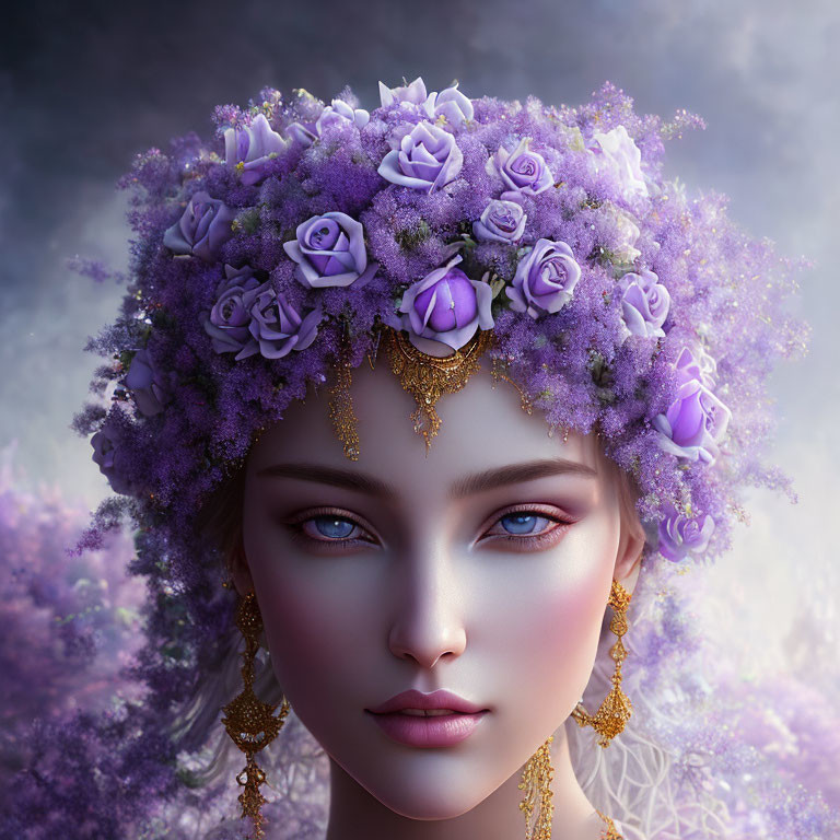 Digital artwork: Woman with violet eyes, wreath of purple flowers, gold jewelry, misty purple