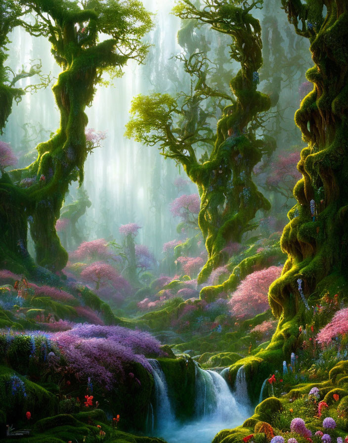 Enchanting Forest with Moss-Covered Trees and Waterfalls