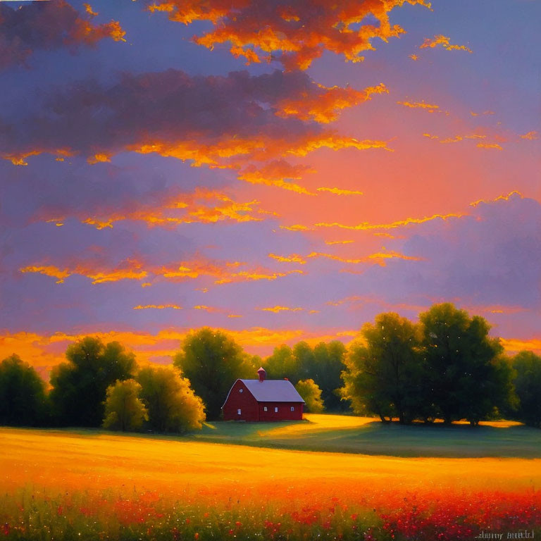 Tranquil landscape with red-roofed house in blooming field under vibrant sunset sky