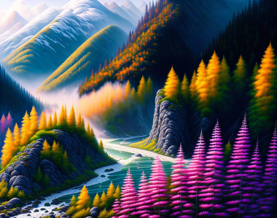 Scenic landscape with multicolored trees, winding river, and rolling hills in golden sunlight