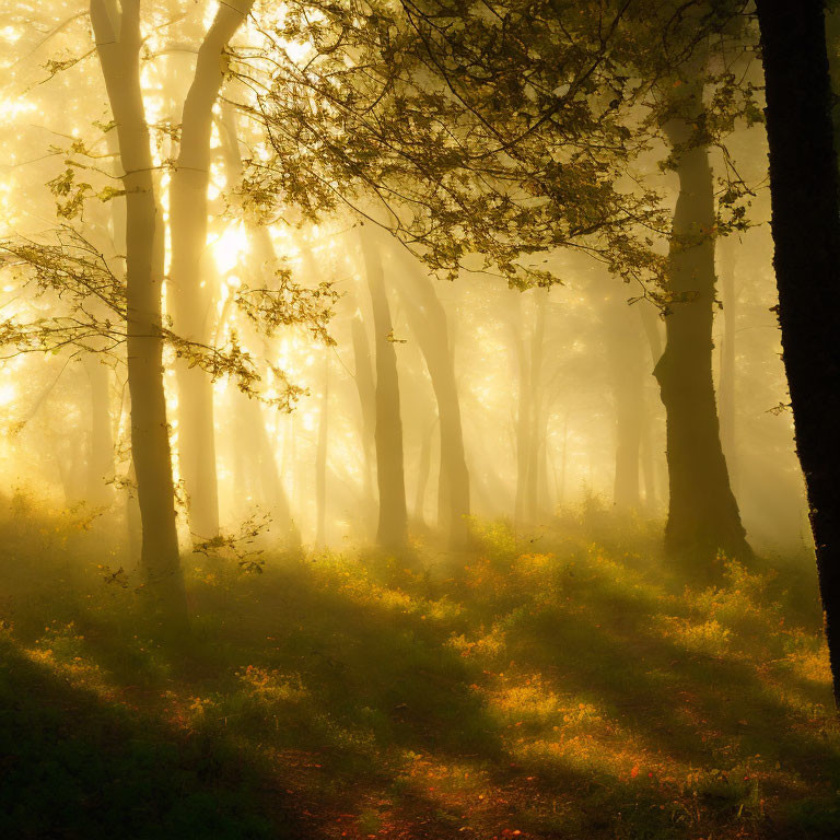 Forest scene: Sunlight filtering through mist, casting warm glow on tall trees
