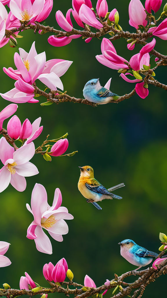 birds on blooming tree