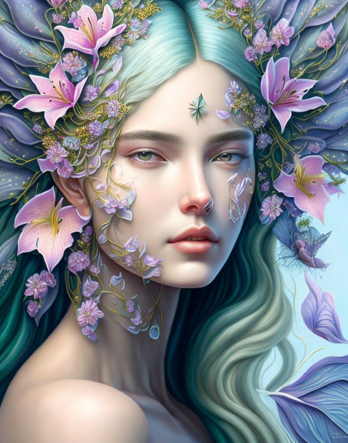 Fantastical portrait of female figure with pale blue hair and flower crown, lush pink blooms and delicate