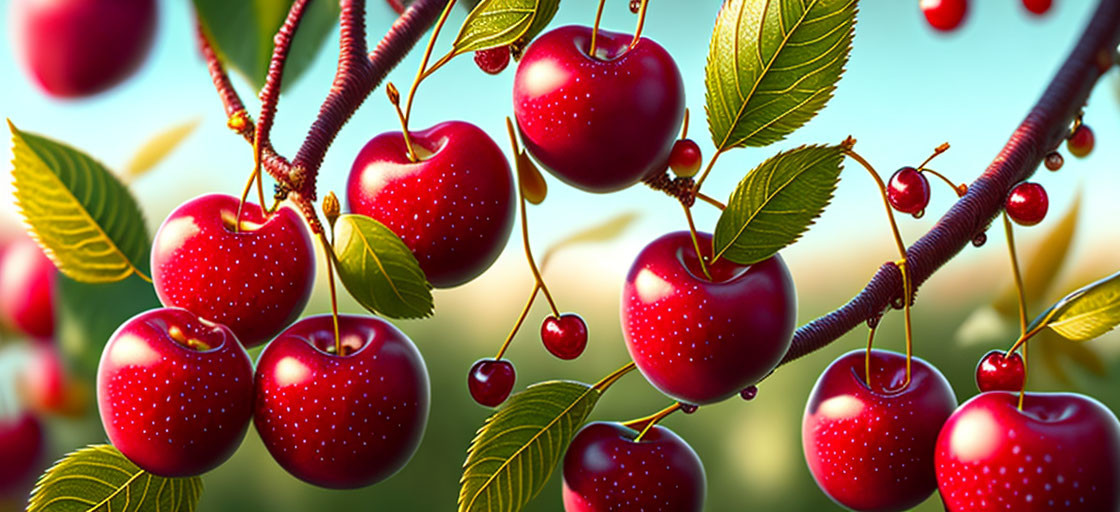 Fresh Red Cherries on Branches with Green Leaves in Blurred Background