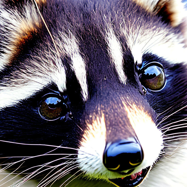 Raccoon with black mask and bright eyes close-up.