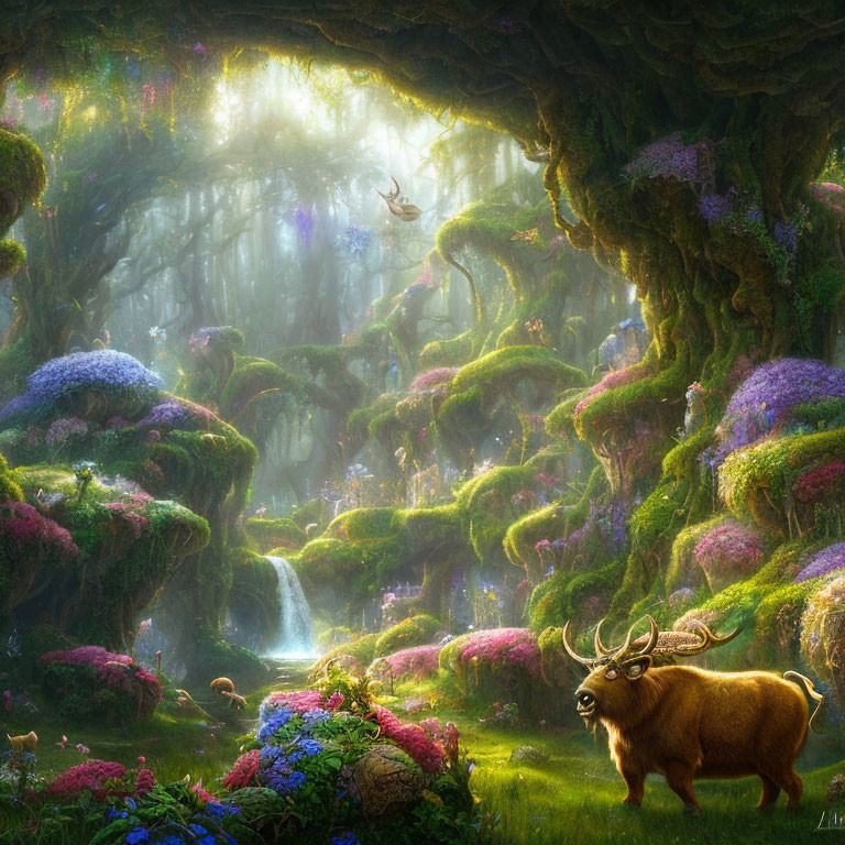 Enchanted forest with vibrant flora, waterfall, light rays, stag, and butterflies