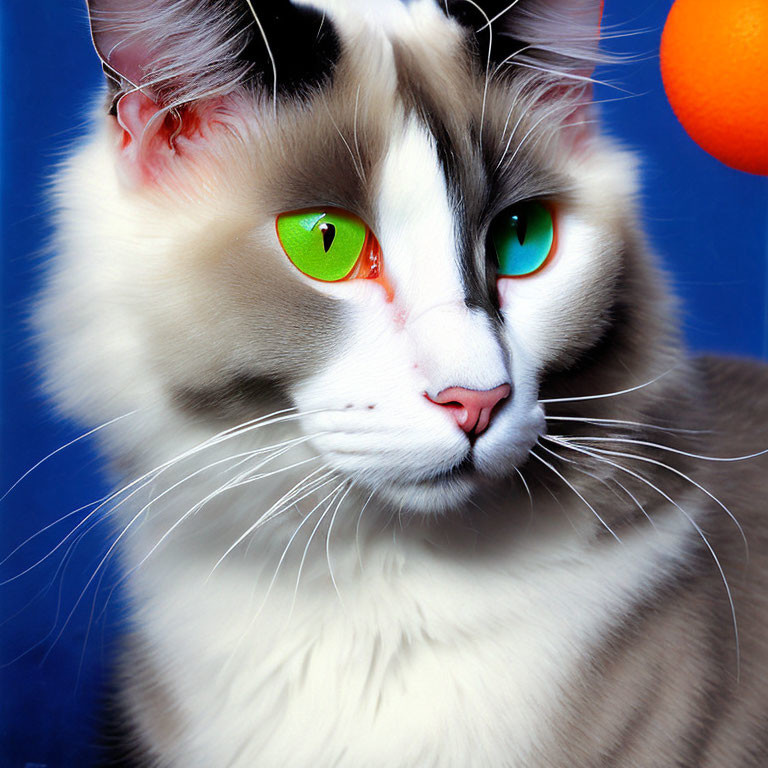 Long-Haired Cat with Heterochromatic Eyes on Blue Background