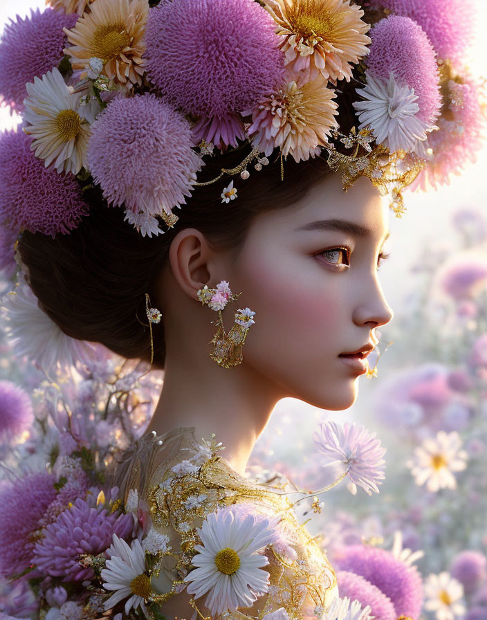 Woman with Floral Headdress Surrounded by Pink and White Blooms