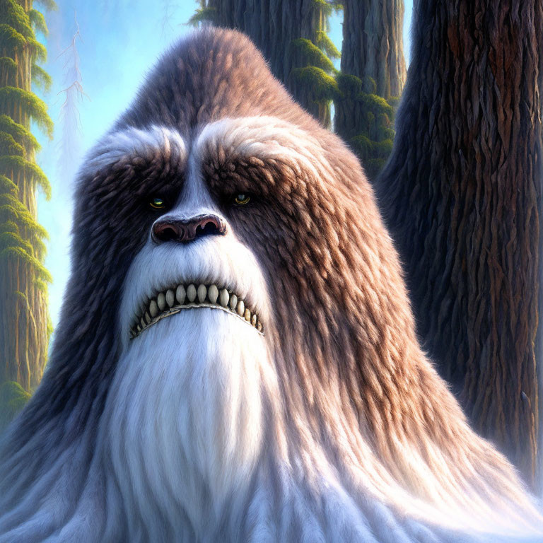 Detailed mythical yeti with thick fur in forest setting