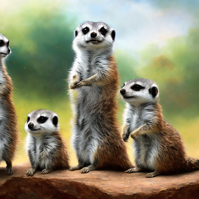 Group of Four Meerkats on Rock in Natural Setting