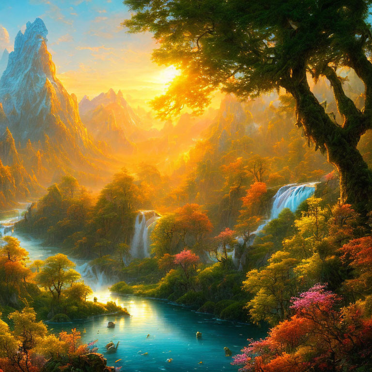 Scenic sunset landscape with river, waterfalls, autumn trees, and misty mountains