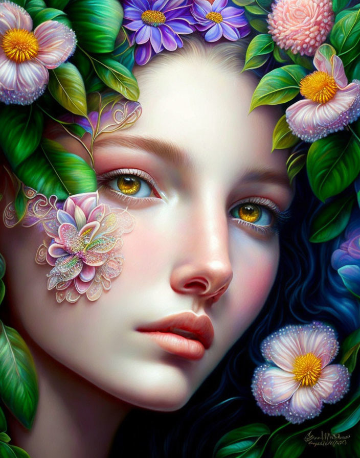 Digital illustration: Woman with vibrant flowers and leaves in hair, detailed eyes, glowing skin
