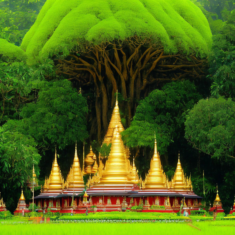 Golden Pagoda Complex Surrounded by Greenery and Enormous Tree
