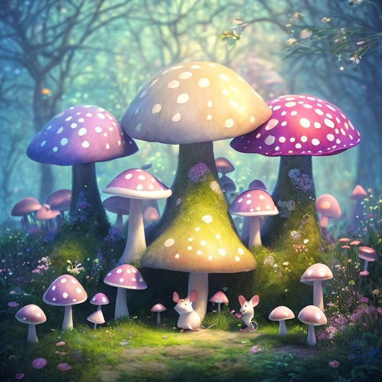 Enchanting forest scene with oversized mushrooms and adorable rabbits