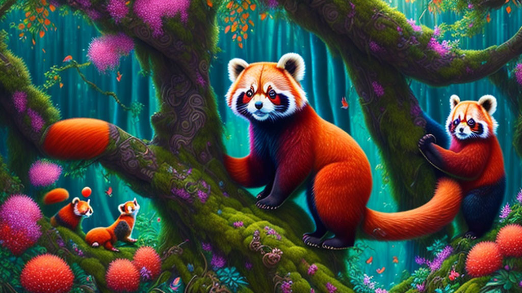 Colorful Forest Scene: Three Red Pandas Among Purple Flowers