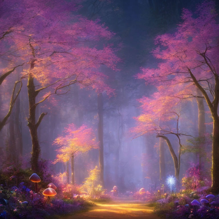 Enchanted forest with glowing mushrooms and luminous path