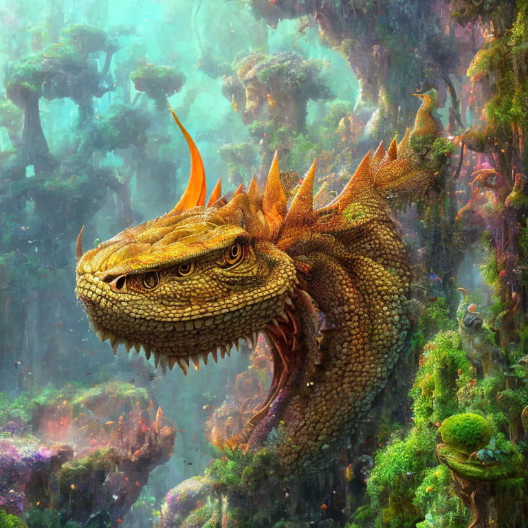 Majestic dragon with orange horns in mystical forest