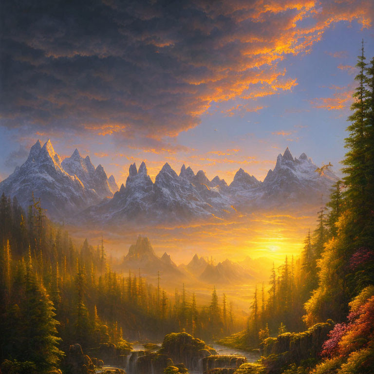 Majestic sunrise over misty mountains with waterfalls, forests, and vibrant colors.